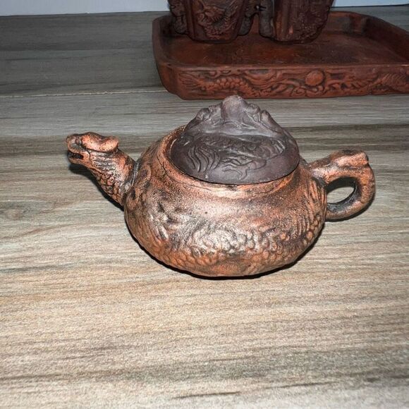 Yixing Zi Ni Vintage Brown Clay Miniature Tea Pot Set With Tray Carved 6 Piece - Picture 8 of 11